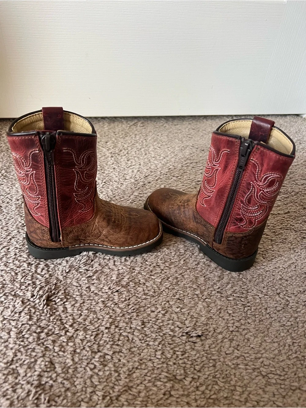 Kids Two-Tone Brown and Red Western Zip Boots